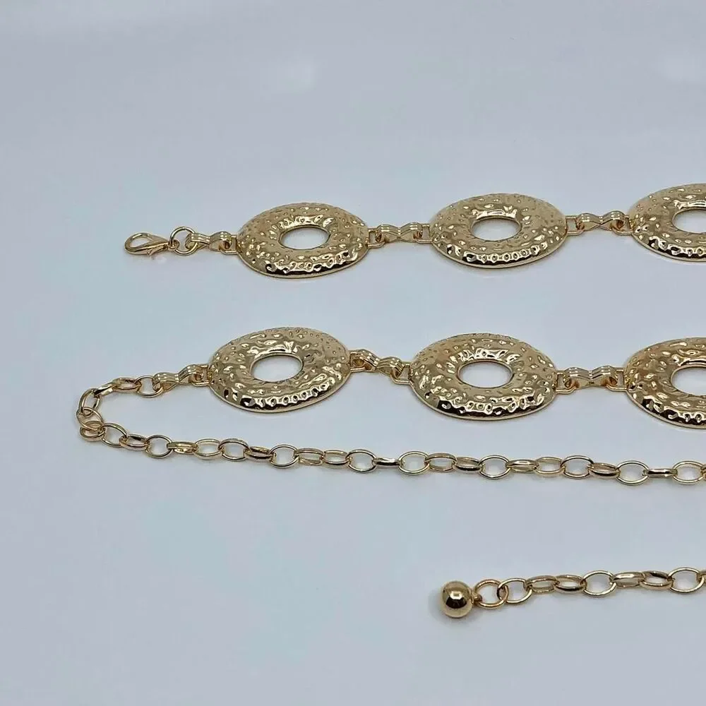 Vintage Y2K Boho Gold Hammered Open Oval Chain Belt, Up to 42.5 Inches, X7GA1146